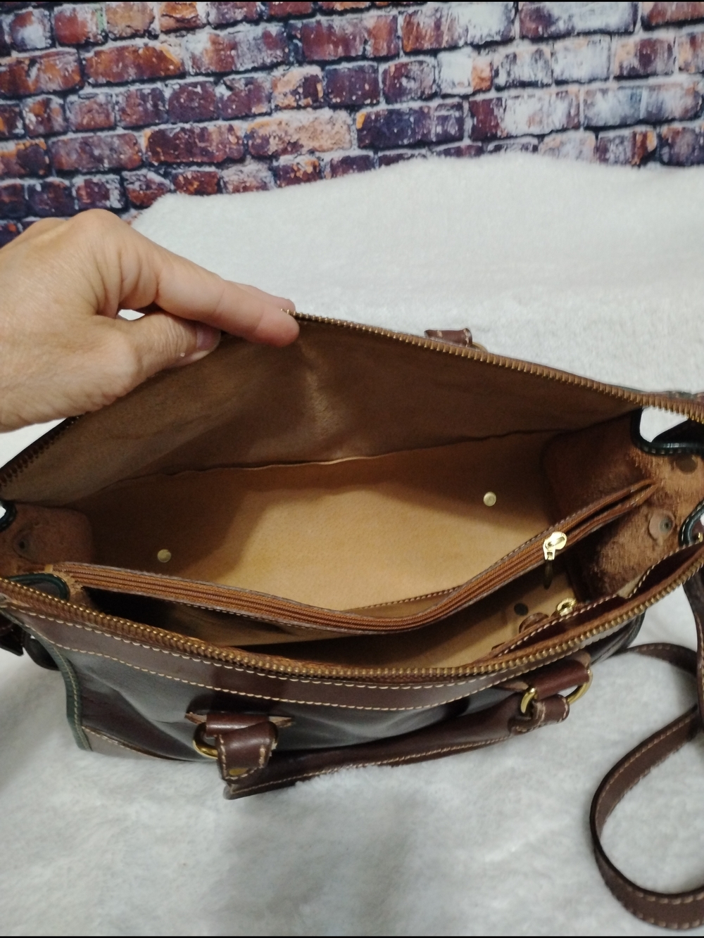 Brahmin Brown and Wine Leather Satchel with Green Trim - Picture 11 of 15